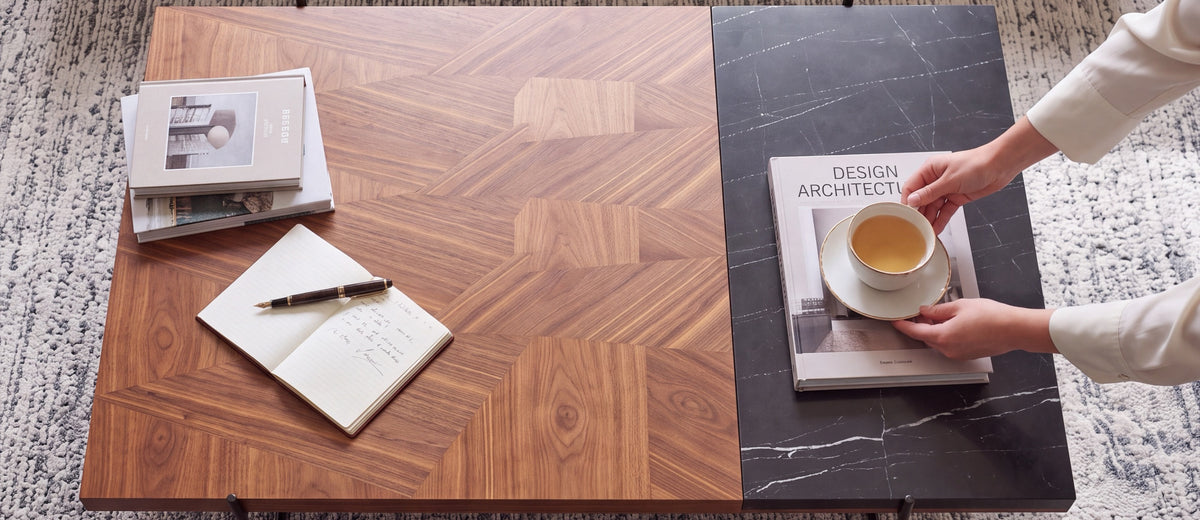 Coffee table with a walnut and black marble top, seen from above