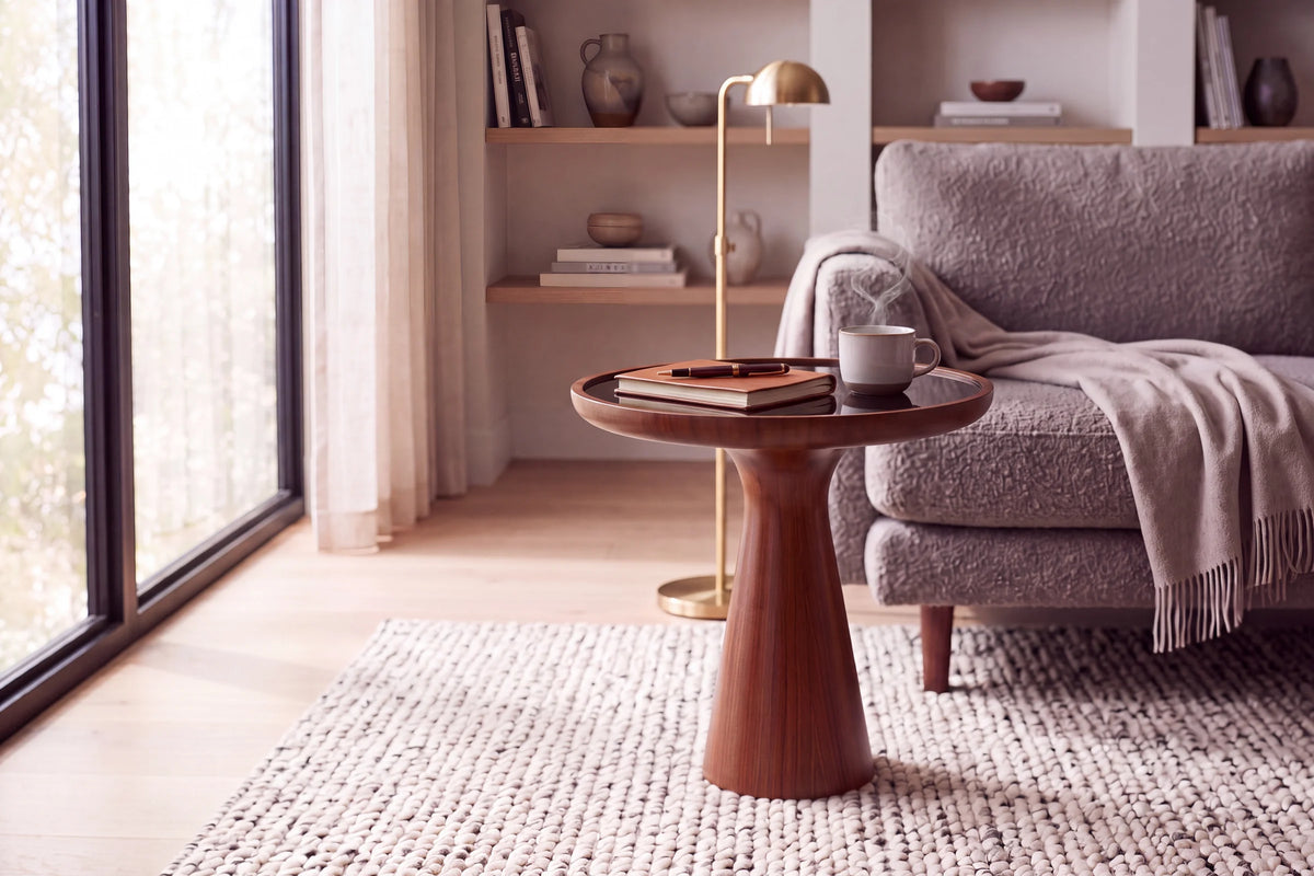 Drum side table in a living room