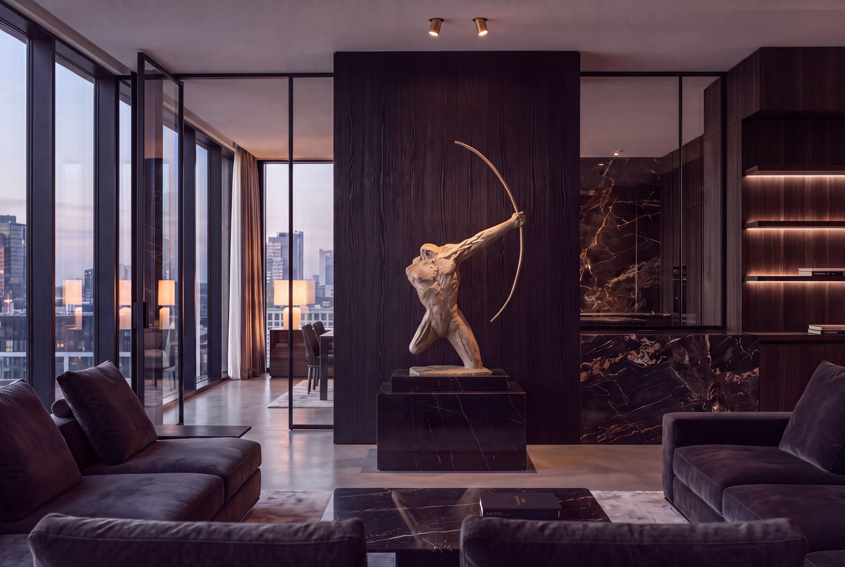 Bow Man bronze sculpture in a dark living room