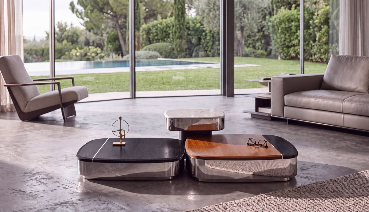 Buddha coffee tables in a garden-view living room