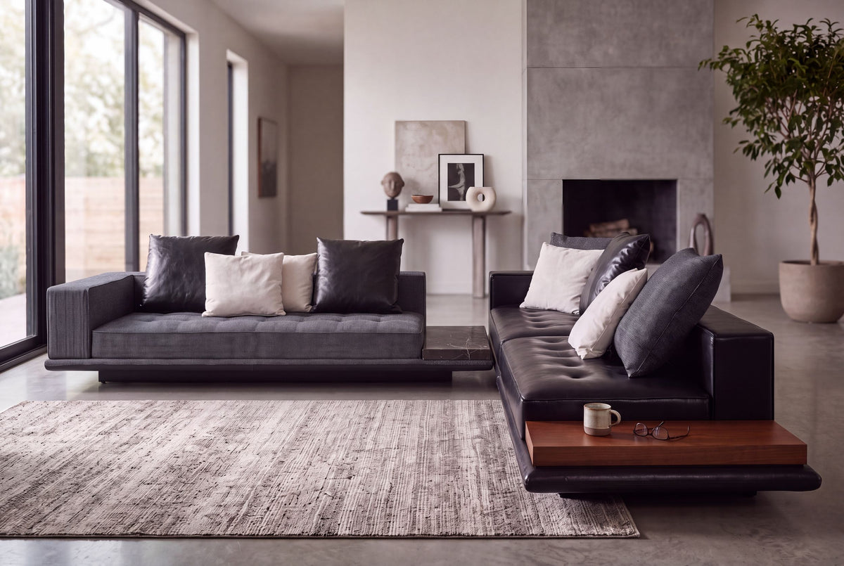 Roudini corner sofa in grey fabric and black leather